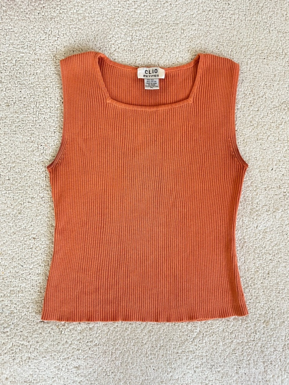Clio Orange spring Cottagecore 75% Silk Ribbed Square-Neck Tank size PL